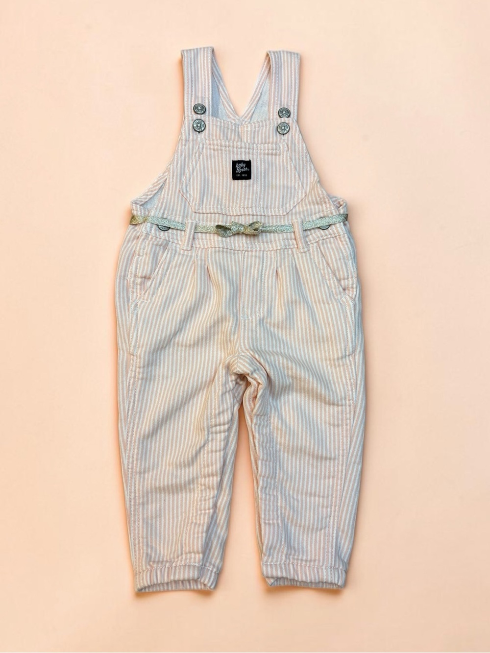 Baby OshKosh Pink White Striped Knit Overalls 12M Glitter Belt Snap Leg EUC